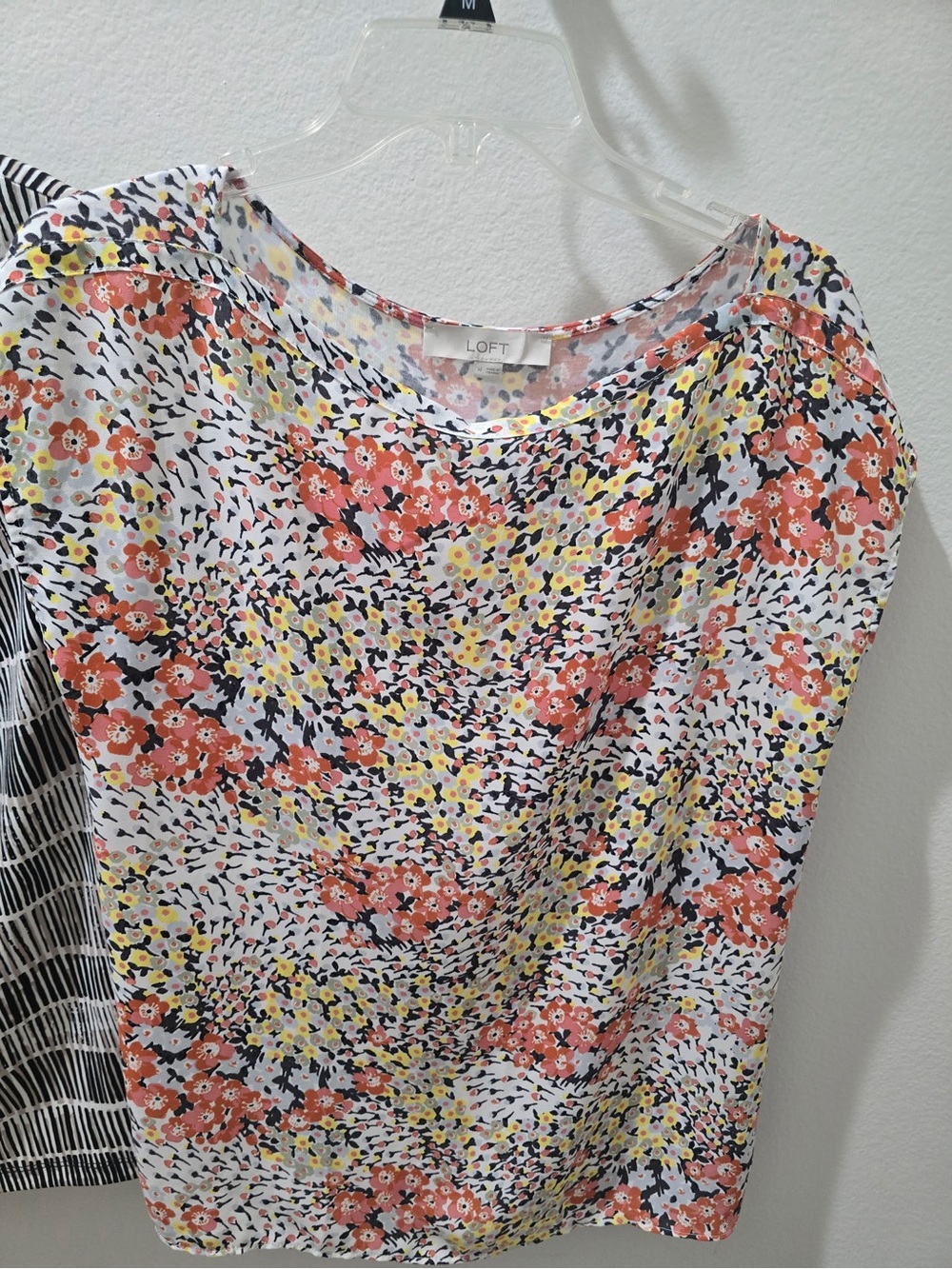 LOFT Coral and Yellow Floral Short Sleeve Scoop Neck Blouse